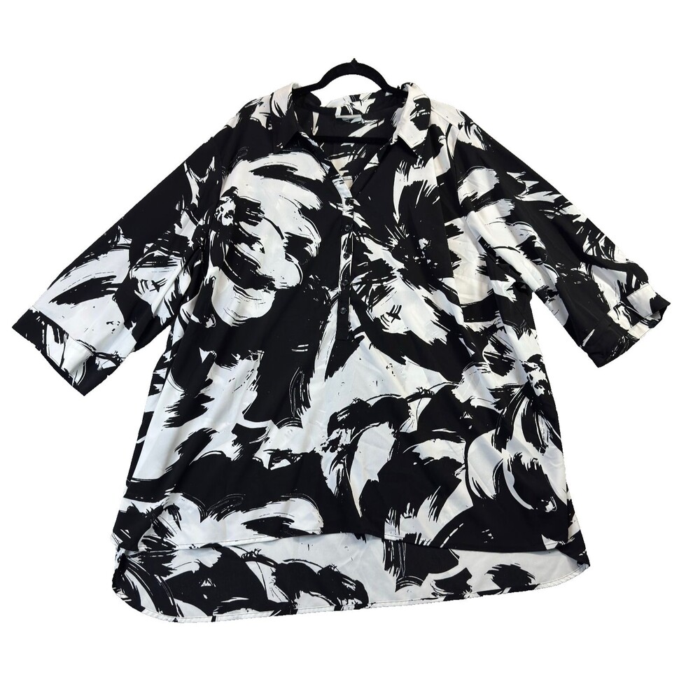 Catherines Blouse 4X Black White Abstract Floral Art To Wear Tunic 3/4 Sleeve